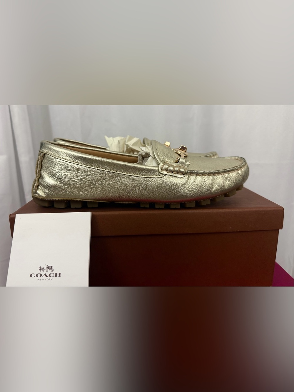 Coach Metallic Platinum Pebbled Leather Driving Moccasins with Bit Hardware 8.5M - Picture 7 of 13